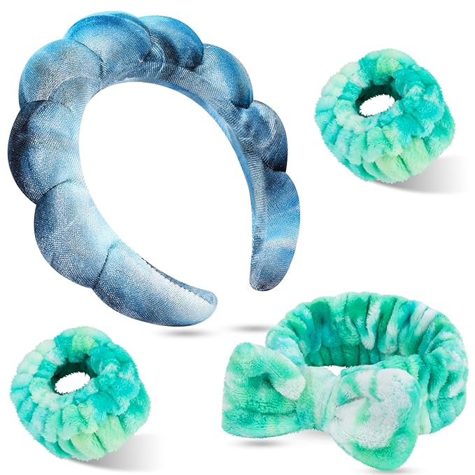 Tie Dye Spa Headband, 4 Pcs - Soft & Stretchy Headbands for Women for Washing Face, Bubble Skin Care, Makeup, Head Band for Face Wash, Shower Hair Accessories, Teen Girl Gifts Trendy Stuff