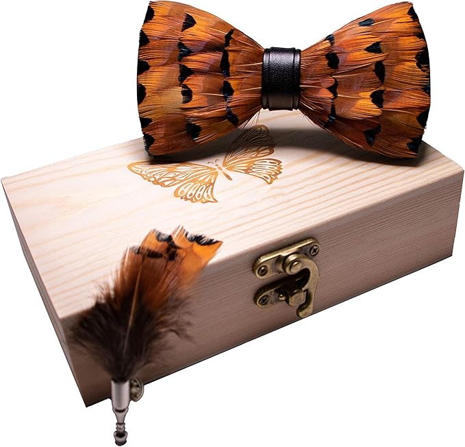 RBOCOTT Handmade Feather Pre-tied Bow tie and Brooch Sets for Men