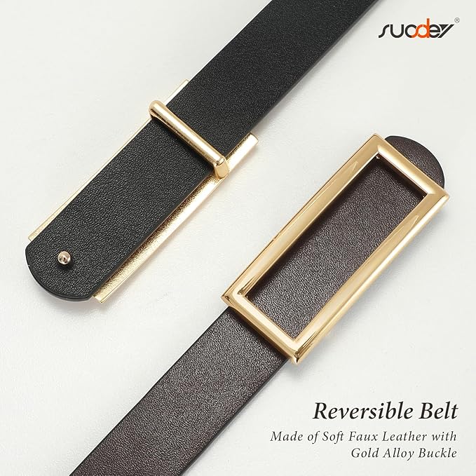 SUOSDEY Women Reversible Leather Belts for Jeans Pants Dresses Ladies Fashion Belts with Gold Buckle, 0.9" Width