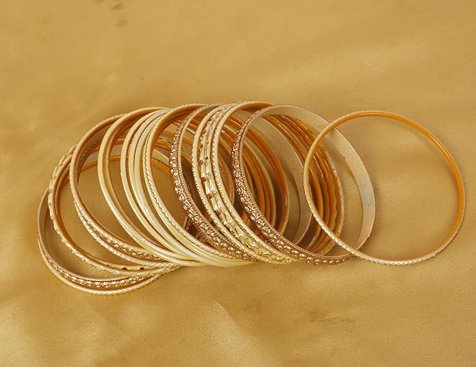 Touchstone Indian Metal Bangles for Women Gold Alloy Bracelets desi 2 Dozen Bangle Collection Bollywood Women's Jewelry Set Multi Stacking Wide Chunky Textured Golden Set of 24 in Gold or White Tone