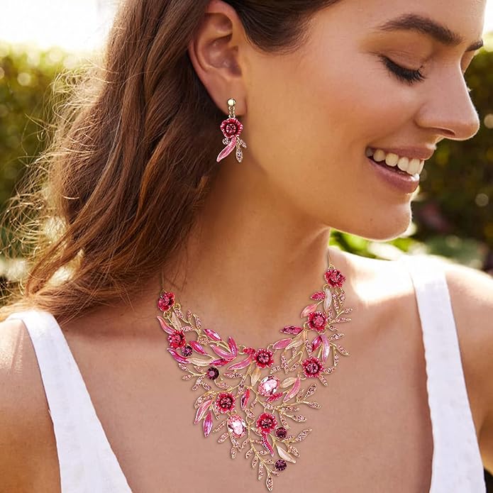 BriLove Wedding Bridal Leaf Cluster Jewelry Set for Women Crystal Flower Enamel Statement Necklace Dangle Earrings