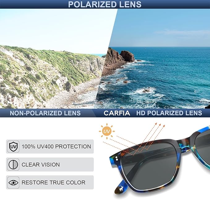 CARFIA Polarized Sunglasses for Women: Acetate, Small/Medium Size, UV400 Anti Glare CA5354