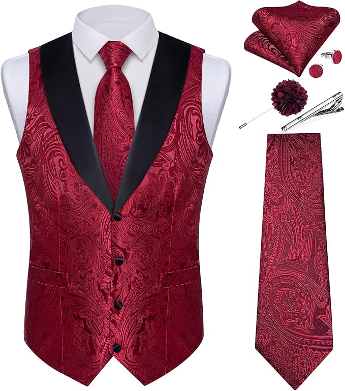 DiBanGu Mens Paisley Suit Vest Silk Jacquard Waistcoat and Necktie Set Formal Shawl Collar Dress Vest 7PCS for Wedding Party