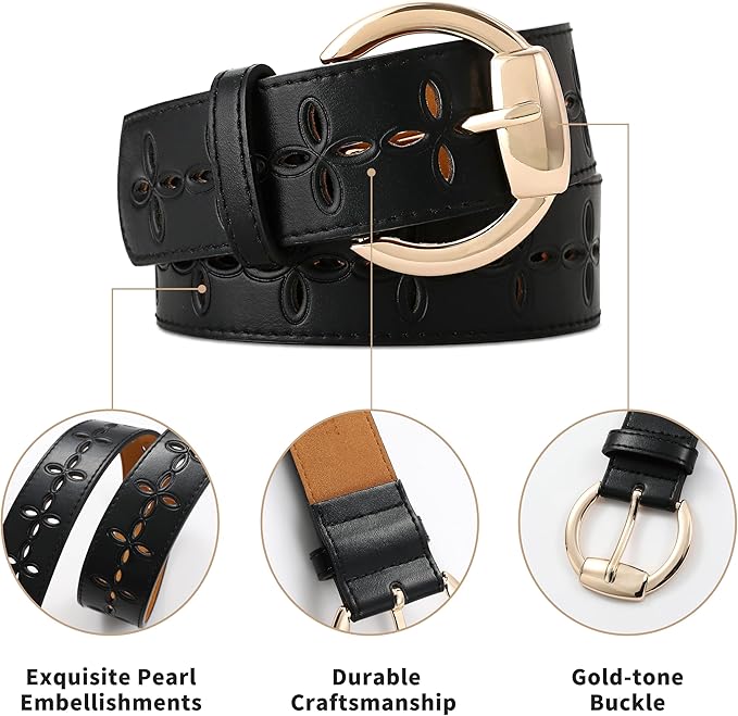 Wide Belts for Women Leather Wide Belts Fashion Thick Black Belt With Gold Buckle Belt for Dresses
