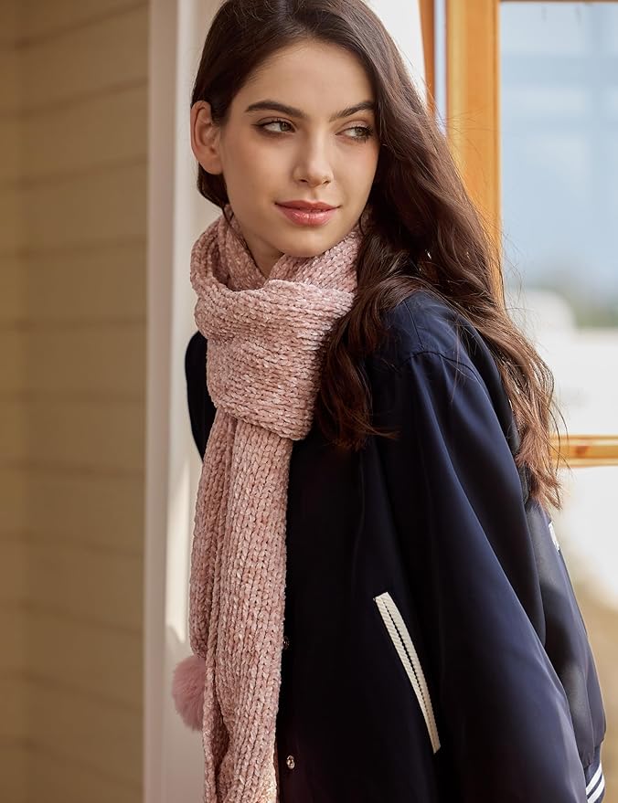 Womens Chenille Scarf with Pompom Winter Knit Warm Scarves for Cold Weather with Gift Box