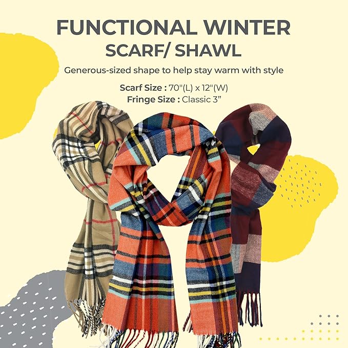 Plum Feathers Plaid Check and Solid Cashmere Feel Winter Scarf, Warm Scarfs, Cold Weather Accessories, Fringe Scarves