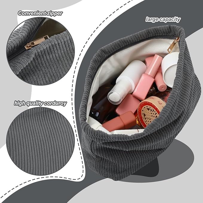 Sanwuta 3 Pack Corduroy Makeup Bag Set Cosmetic Toiletry Travel Pouch Organizer Velvet Makeup Bag for Women Large Pouch Zipper Purse Make up Organizer, Women Girls Gift(Gray)