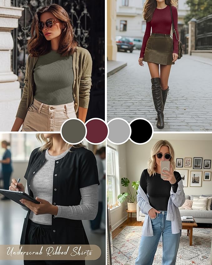 Neer 4 Pack Women's Ribbed Long Sleeve Shirts, Cotton Crew Neck Slim Fit Tops Stretch Knit Casual Base Layer Basic Tee Shirts