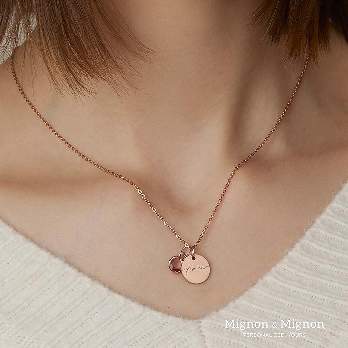 MignonandMignon Birthstone Name Necklace Personalized Gifts for Women Jewelry for Mom Gold Plated Pendant Charm, Custom Grandma Birthday Holiday Gifts -CN-BS-SH
