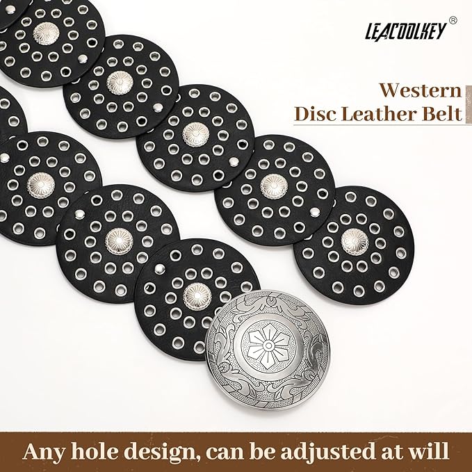 LEACOOLKEY Women's Boho Disc Belt Wide Western Leather Belt Vintage Concho Waist Belts for Dress Jeans