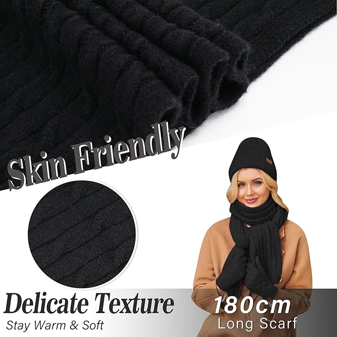 Womens Winter Beanie Hats Long Scarf Touchscreen Gloves Set Warm Knit Skull Caps Gifts for Women