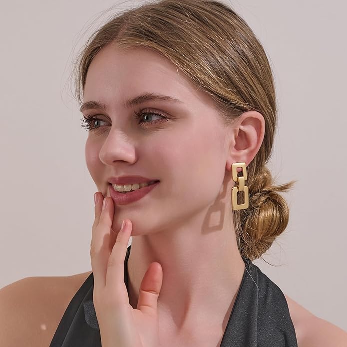 MUYAN Gold Silver Geometric Drop Dangle Earrings for Women Brushed Link Square Dangle Earrings Trendy Jewelry