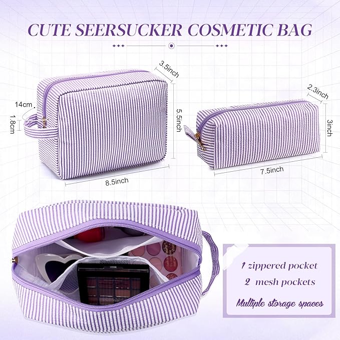 Sanwuta 2 Pcs Makeup Bag Set Seersucker Cosmetic Bag for Women Cute Stripe Travel Toiletry Organizer Aesthetic Preppy Storage Pouch for Girls Wedding Bridesmaid Valentine's Day Gifts(Purple)