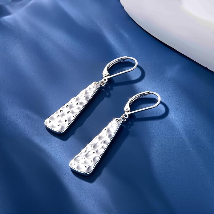 ALEXCRAFT 925 Sterling Silver Dangle Earrings for Women, 14K Gold Plated French Leverback Earrings, Hypoallergenic Lightweight Statement Hammer Square Bar Long Drop Earing for Women Trendy Jewelry