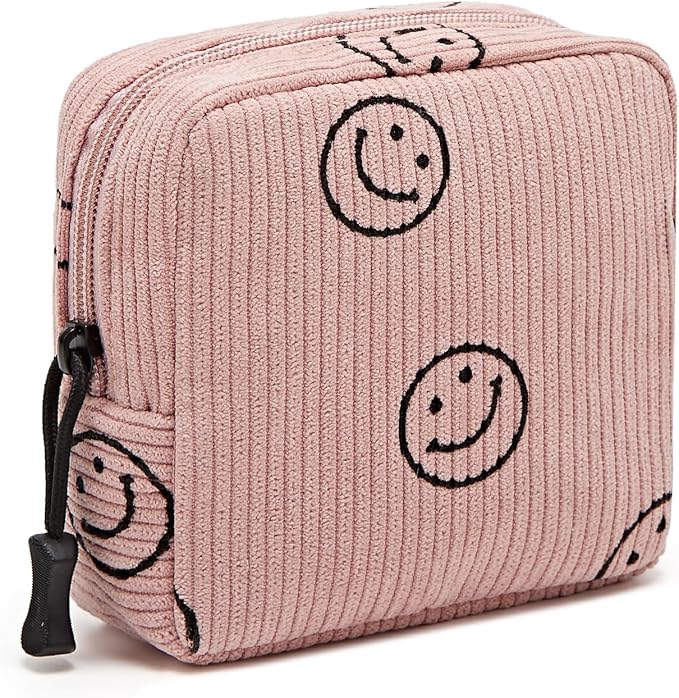 Small Makeup Bag for Purse,Mini Cosmetics Bag cute Zipper corduroy Cosmetic Pouch Storage Pouch Travel Toiletry Organizer for Women Girls(Smiley Face,Pink)