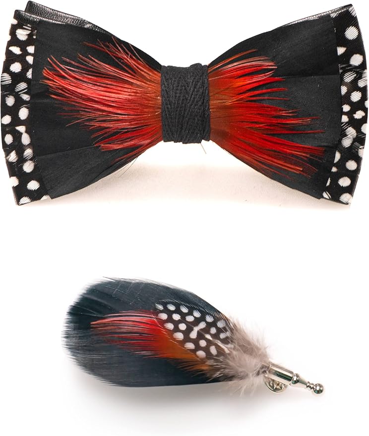 RBOCOTT Handmade Feather Pre-tied Bow tie and Brooch Sets for Men