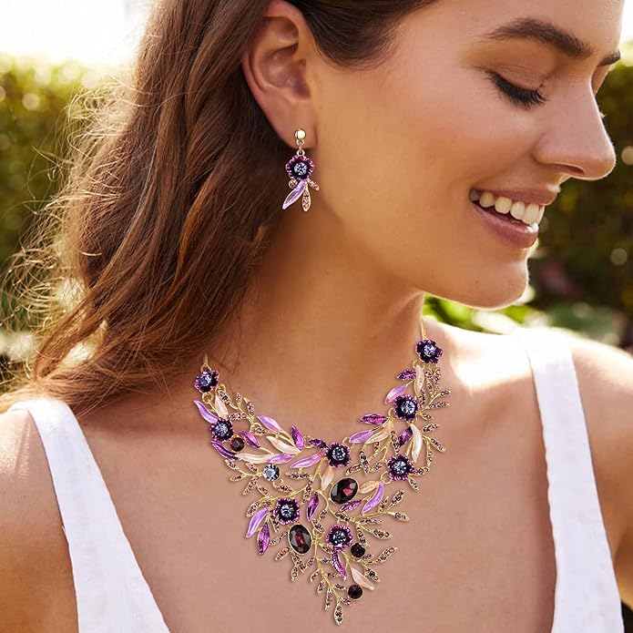 BriLove Wedding Bridal Leaf Cluster Jewelry Set for Women Crystal Flower Enamel Statement Necklace Dangle Earrings