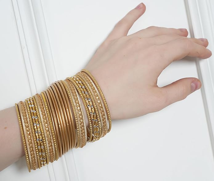Touchstone Indian Metal Bangles for Women Gold Alloy Bracelets desi 2 Dozen Bangle Collection Bollywood Women's Jewelry Set Multi Stacking Wide Chunky Textured Golden Set of 24 in Gold or White Tone