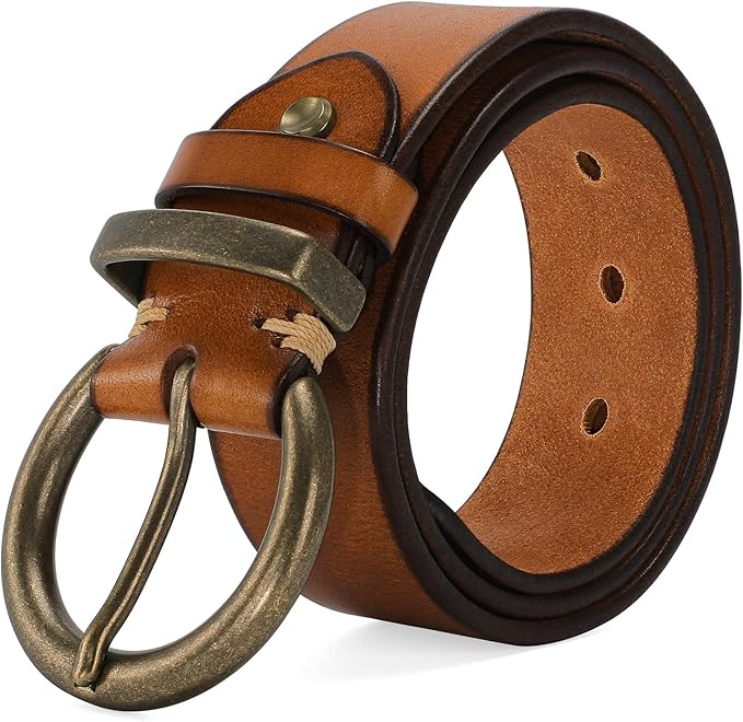 Women's 1.5 inch Leather Belt with Large Brass Buckle - Trendy Vintage Style for Jeans and Pants