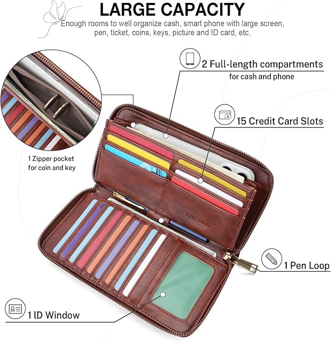 RFID Wallet Women, Large Capacity Butterfly Cell Phone Clutch Purses Ladies Wristlet Wallets for Women