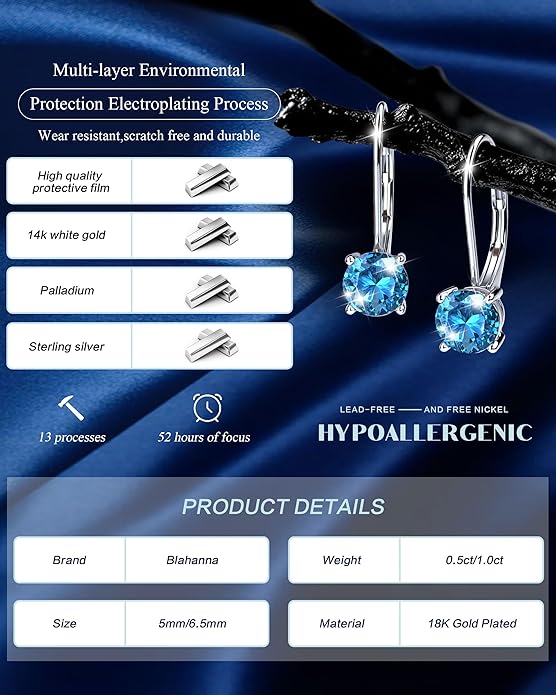 Moissanite Earrings,1.0ct-2.0ct D Color Brilliant Round Cut Earring 18K White Gold Plated Sterling Silver Dangle Earrings Moissanite Leverback Drop Earring s