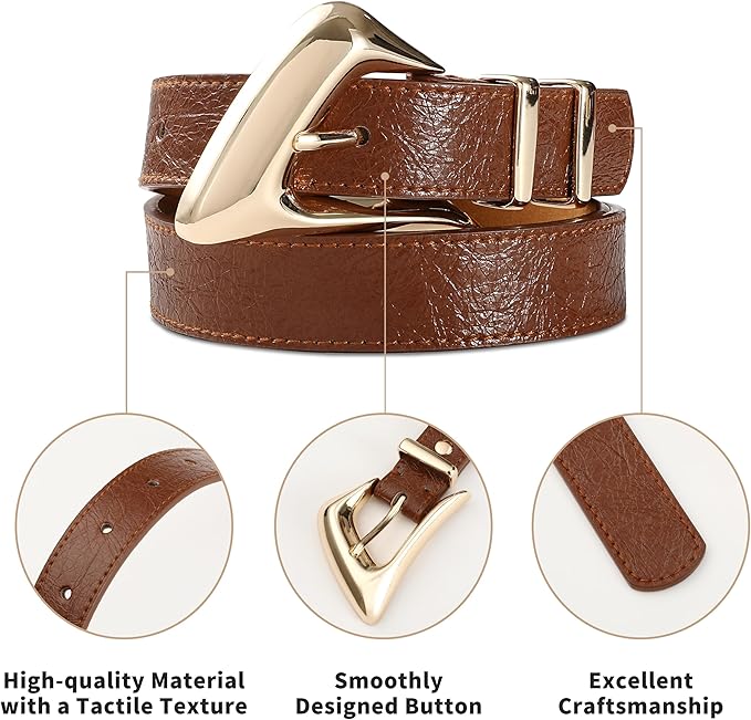 Women's Brown Belt Trend Belt with Gold Buckle Fashion Leather Waist Belt for Jeans Pants