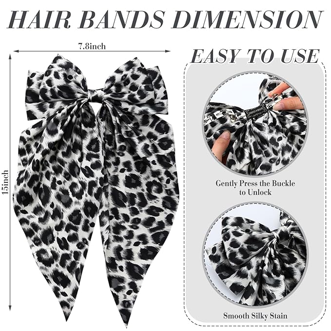 Hoteam 16 Pcs Silky Satin Hair Bows Bulk for Women Large Hair Ribbons Oversized Bows Oversized Long Tail Large Bow-knot Clips Accessories Gifts(Leopard)