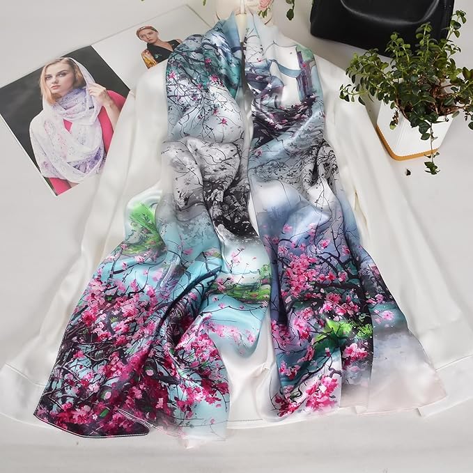 100% Mulberry Silk Scarf for Women Neck Oblong Headscarves Long Floral Print Lightweight Silk Wraps Shawls 67"*20"