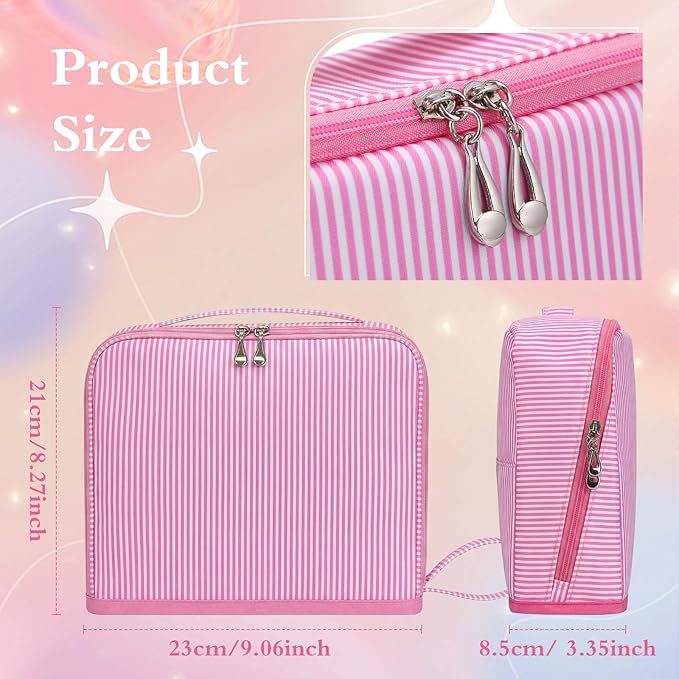 Striped Makeup Bag Large Cosmetic Bags for Women Gift with Brush Loops Mesh Pocket Wrist Strap Travel Organizer Storage Pouch Toiletry Case with Divider for Mirror(Pink)