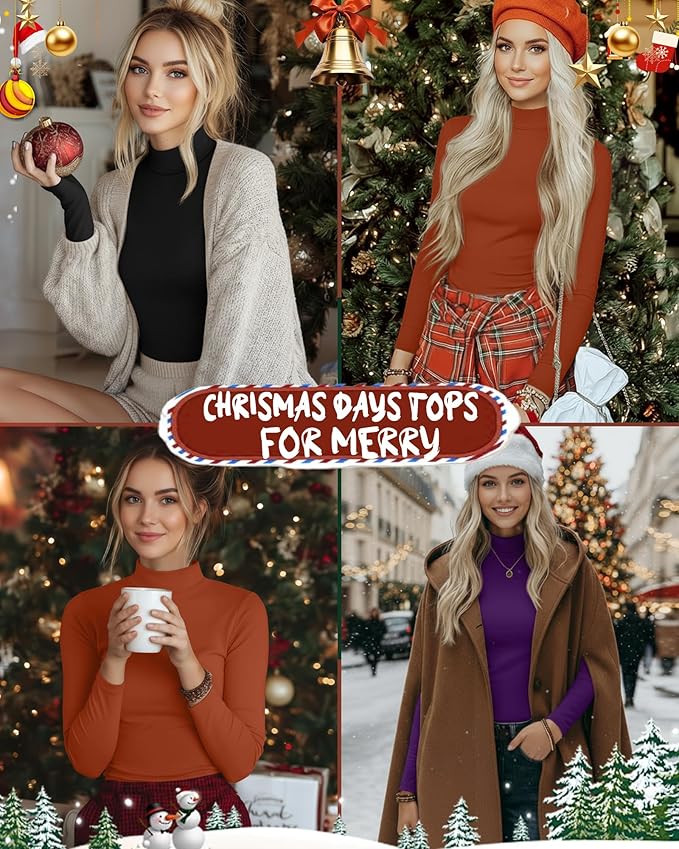 Ficerd 3 Pack Women's Mock Turtleneck Shirts, Long Sleeve Mock Neck Pullover Tops Slim Fitted Stretch Undershirt Tee Blouse