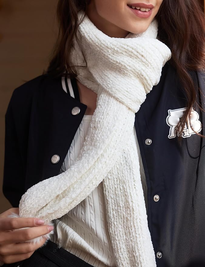 Womens Chenille Scarf with Pompom Winter Knit Warm Scarves for Cold Weather with Gift Box