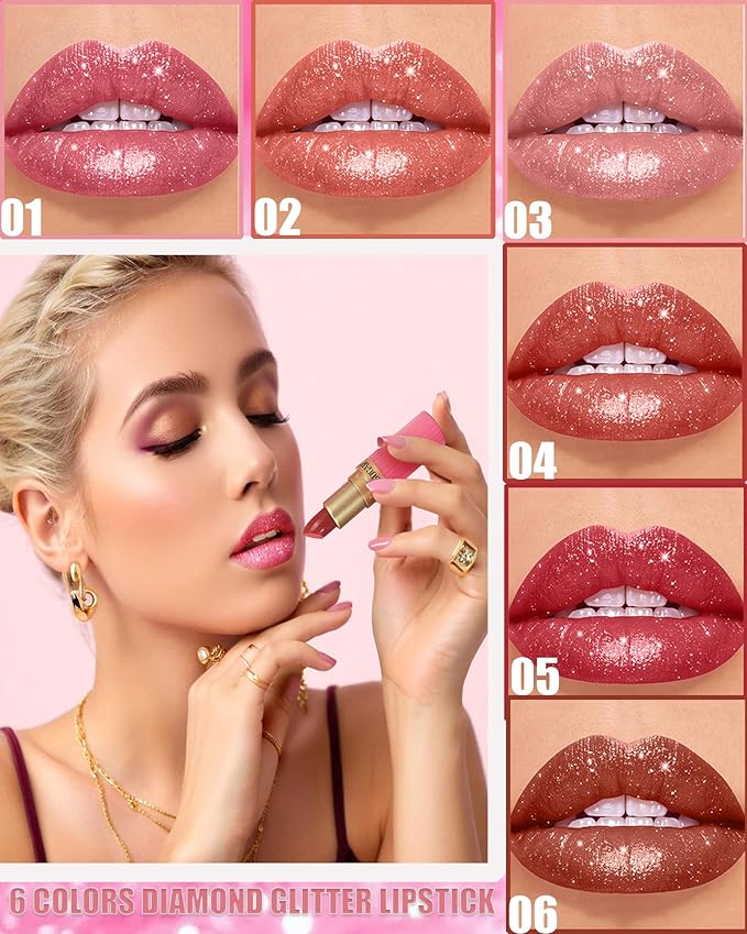 Nude Pink Sparkling Glitter Lipstick, Long Lasting Shimmer Metallic Lipstick for Women Glitter Red Waterproof Lip Gloss, Diamond Shiny Non-Stick Lipgloss Liptint Blam Lip Color labiales Makeup Gift-03