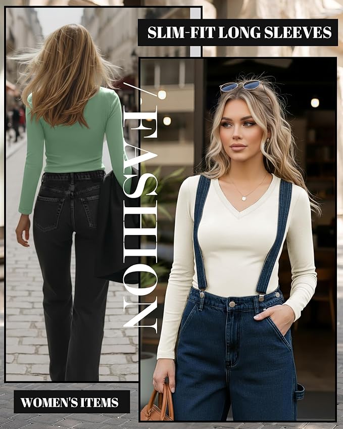 Ficerd 3 Pack Women's Long Sleeve Shirts, V Neck Basic Tees Slim Fitted Casual Fall Tops Going Out Blouses T Shirts