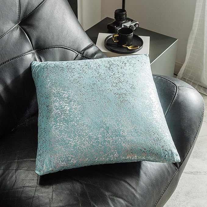 Xinrjojo Pack of 2, Shiny Cushion, Decorative Pillow Covers, Soft Square Throw Pillow Covers, Solid Cushion Covers, Pillow Cases for Sofa Bedroom Car 24 x 24 Inch (Silver- Lake Blue)