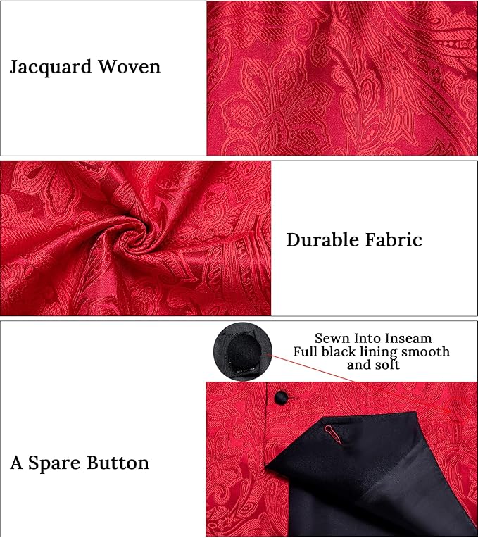 DiBanGu Mens Paisley Suit Vest Silk Jacquard Waistcoat and Necktie Set Formal Shawl Collar Dress Vest 7PCS for Wedding Party