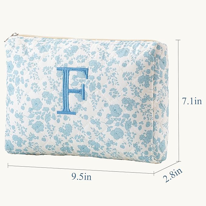 HBselect Initial Quilted Makeup Bag, Cotton Large Travel Makeup Bag, Cute Floral Coquette Make up Bag Cosmetic Bag Toiletry Bag for Women Girls F