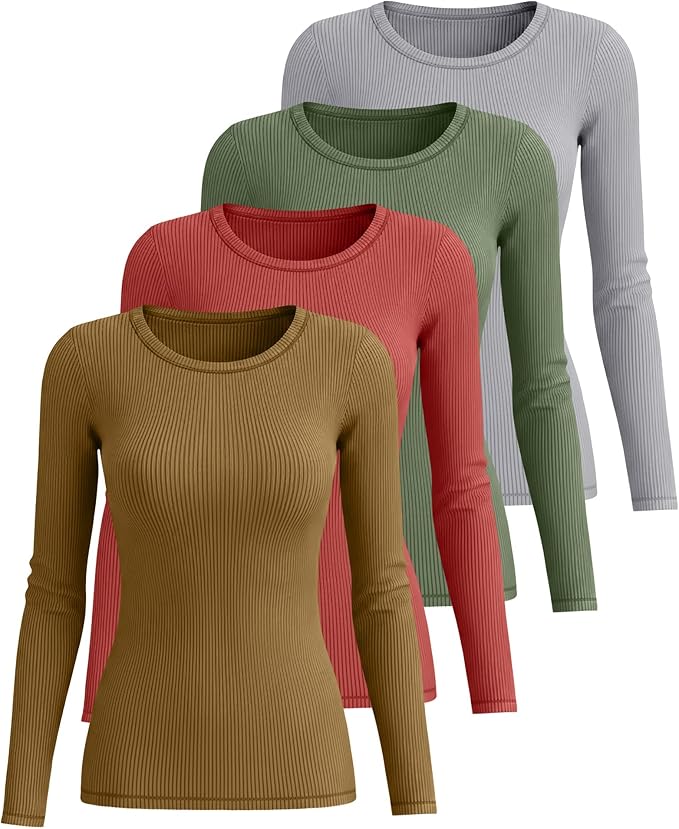 Neer 4 Pack Women's Ribbed Long Sleeve Shirts, Cotton Crew Neck Slim Fit Tops Stretch Knit Casual Base Layer Basic Tee Shirts