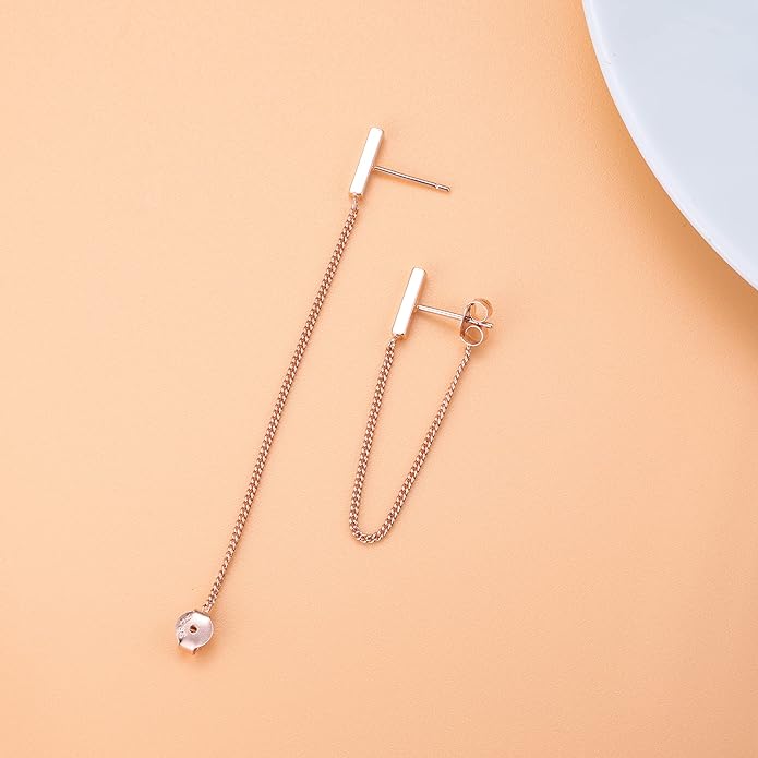 Reffeer Solid 925 Sterling Silver Stud Earrings Minimalist Bar Earrings with Chain Dangle Earrings For Women