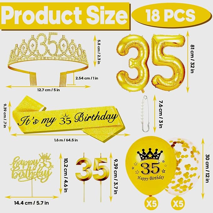 35th Birthday Decorations for Her Girls Set, Include 35th Birthday Crown and 35 Sash, 35th Birthday Cake Topper and 35 Birthday Candles, Gold 35 Balloons, Women 35th Party Supplies(Gold)