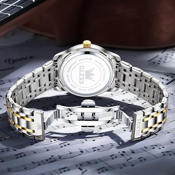OLEVS Men's Stainless Steel Watch, Large Face Roman Numerals Diamond Accented Three-Hand Analog Quartz Watches for Men, Easy to Read Day Date Waterproof Luminous Mens Wristwatch