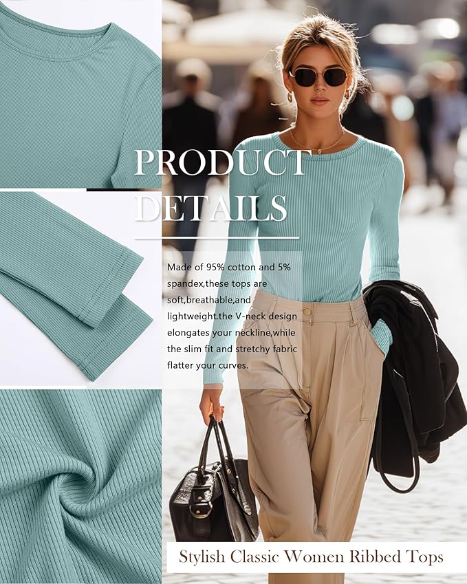 Neer 4 Pack Women's Ribbed Long Sleeve Shirts, Cotton Crew Neck Slim Fit Tops Stretch Knit Casual Base Layer Basic Tee Shirts
