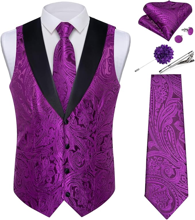 DiBanGu Mens Paisley Suit Vest Silk Jacquard Waistcoat and Necktie Set Formal Shawl Collar Dress Vest 7PCS for Wedding Party