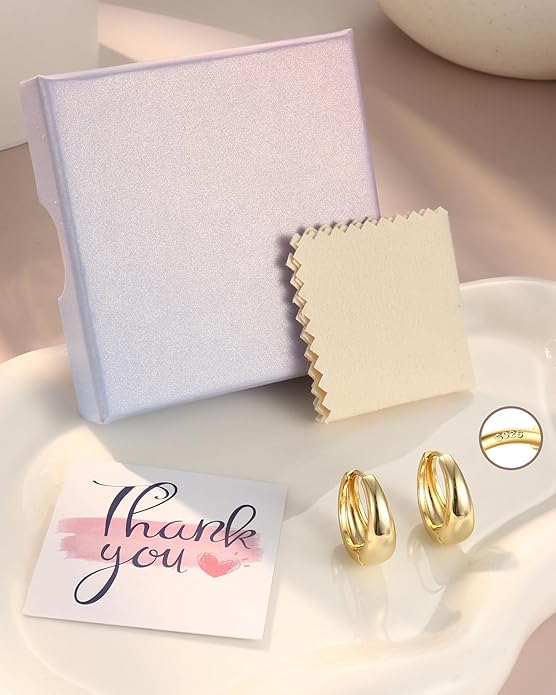 14K Gold Plated Small Chunky Hoop Earrings Sterling Silver Post - Hypoallergenic Trendy Thick Lightweight Silver Plated Huggie Hoops Dainty Hoop Earrings for Women Non Tarnish Jewelry Gifts