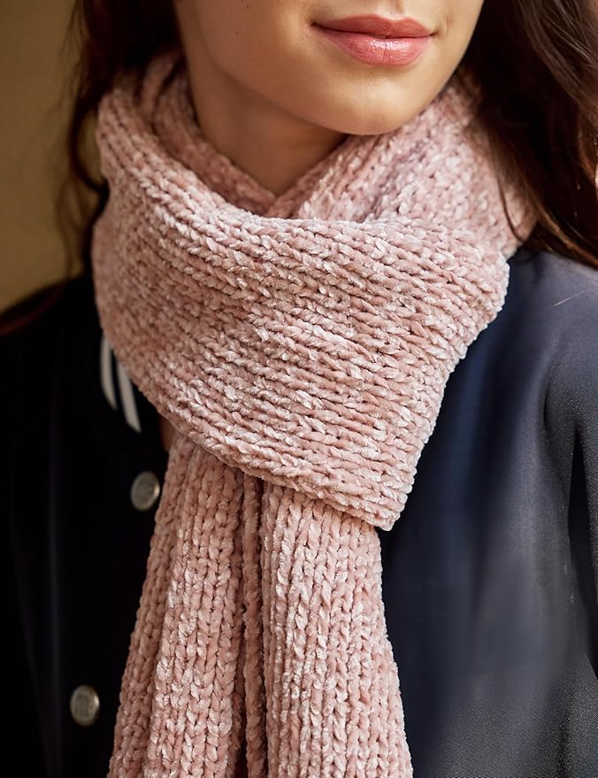 Womens Chenille Scarf with Pompom Winter Knit Warm Scarves for Cold Weather with Gift Box