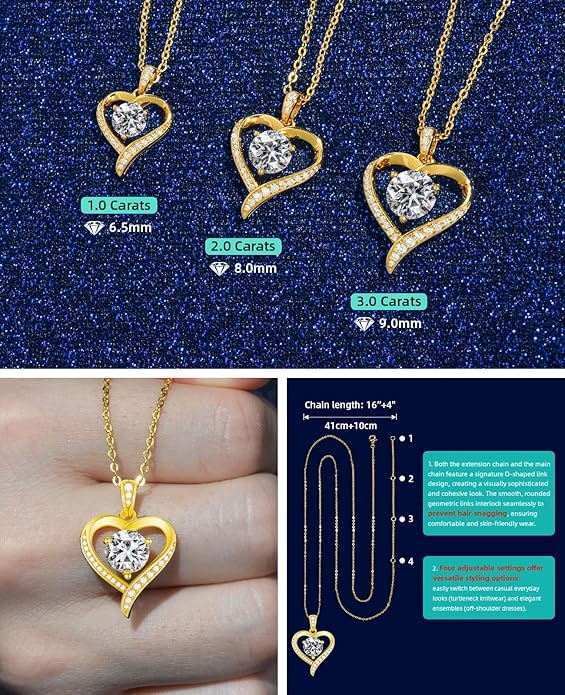 Heart Pendent Necklaces for Women, 1-3ct Moissanite Necklace with I love U Engraving - Anniversary Birthday Gifts for Women Her Wife Girlfriend Mom, 925 Silver Jewelry