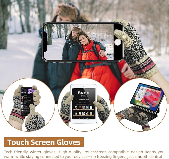 Womens Winter Beanie Hat Long Scarf and Touchscreen Gloves 3Pieces Fleece Lined Skull Caps with Pompom Neck Scarves Set