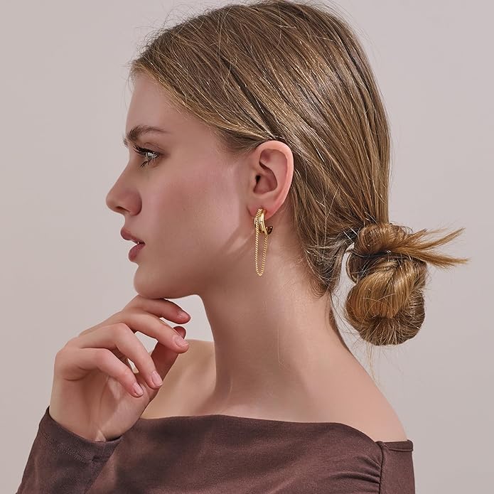 Tassel Chain Hoop Earrings for Women Trendy Two Tone Dangling Chain Earrings Hypoallergenic Fashion Jewelry Gifts