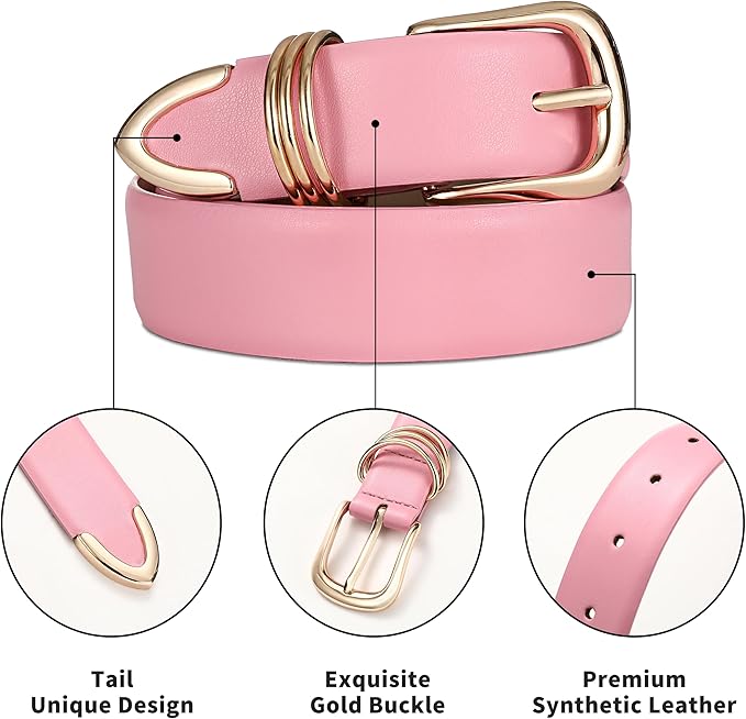 Women's Leather Belts with Gold Buckle Fashion Leather Waist Belt Elegant Ladies Belts for Jeans Dress & Casual Wear