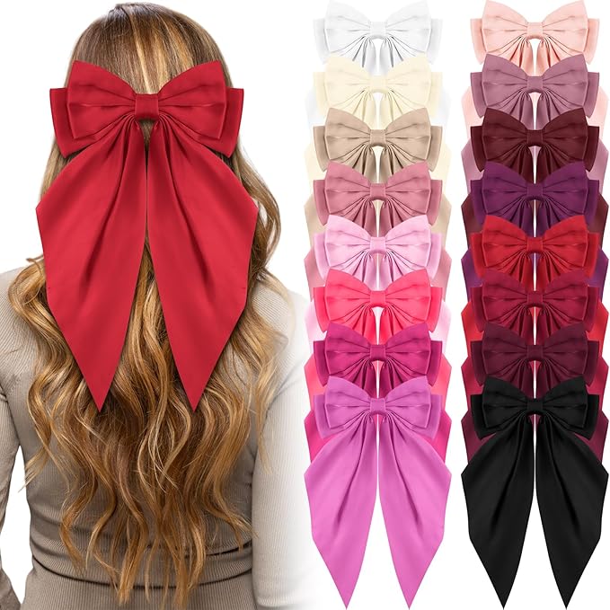 Hoteam 16 Pcs Silky Satin Hair Bows Bulk for Women Large Hair Ribbons Oversized Bows Oversized Long Tail Large Bow-knot Clips Accessories Gifts(Vibrant)