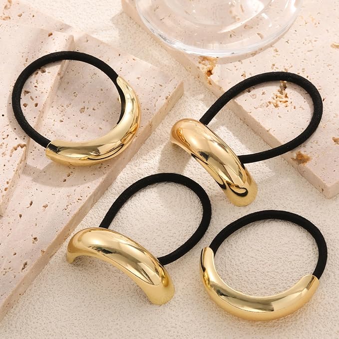 4PCS Gold Hair Ties, Metal Hair Ties for Thick Hair, Elegant Durable Round Geometric Design Hair Cuffs, Gold Hair Accessories for Women, Stretchy Non-Damage Ponytail Holders Holiday Gifts